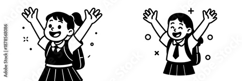Happy school children celebrating with raised hands in vector style
