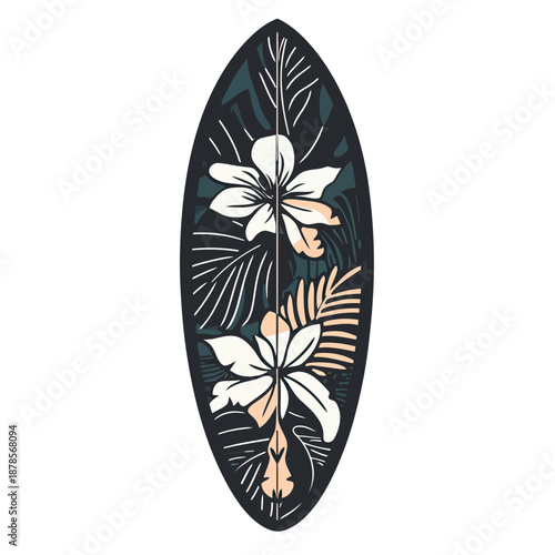Tropical floral pattern surfboard design with hibiscus flowers and palm leaves on dark background vector illustration in flat minimalist style