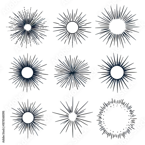 Set of nine hand drawn sunburst rays vector illustrations with sparkle starburst effects minimalist black line design for graphic decoration and shining frames