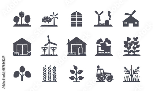 Farm agriculture icons set with tractor, greenhouse, windmill, crops, silo, plant growth, barn, field, and farming tools solid glyphs vector collection