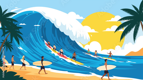 Group of surfers catching massive blue waves on a tropical beach during sunset with palm trees and a giant sun in the background.