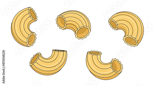 Group of ribbed elbow macaroni pasta pieces showing a curved shape and golden color for food branding and culinary design projects.
