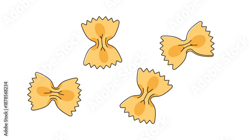 Four pieces of farfalle bow tie pasta with ruffled edges displayed in a clean graphic style for italian restaurant menu decorations.