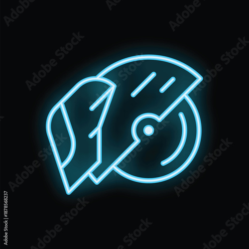 Blue neon icon of angle grinder cutting something with sparks on black background