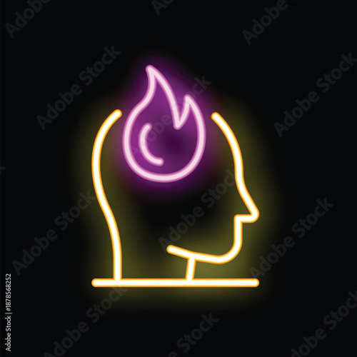 Neon sign representing the concept of brainstorming with a head silhouette and a flame