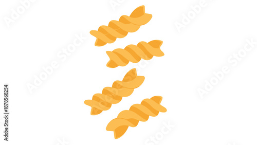 Four pieces of rotini spiral pasta shown from different angles with a bright yellow color for kitchen and food industry marketing.