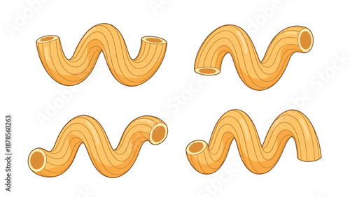 Four pieces of cavatappi corkscrew pasta tubes illustrated for food product packaging and italian restaurant branding materials.
