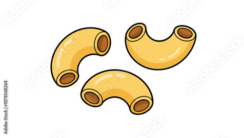 Three pieces of classic elbow macaroni pasta with smooth surfaces and curved shapes for comfort food and recipe book illustrations.