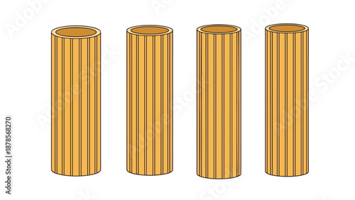 Four long cannelloni pasta tubes with ribbed textures shown in a vertical arrangement for italian culinary and cooking design themes.