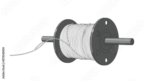 Realistic 3D model of a industrial spool wound with thin silver wire on a metal spindle isolated against a clean white background.