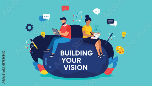 Wallpaper Mural Creative business team 'BUILDING YOUR VISION' illustration with man and woman collaborating on ideas Torontodigital.ca