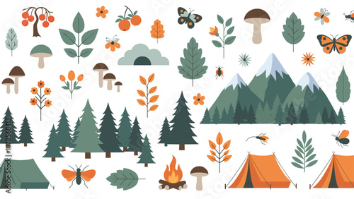 Beautiful outdoor camping scene elements featuring mountains, pine forests, tents, campfires, and forest wildlife for nature lovers.