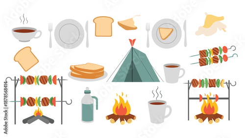 Assortment of camping food and equipment icons including grilled skewers, coffee, bread, and a tent for outdoor dining theme designs.