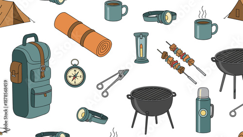 Pattern of barbecue and camping equipment including grills, skewers, backpacks, lanterns, and headlamps for outdoor cooking and travel.