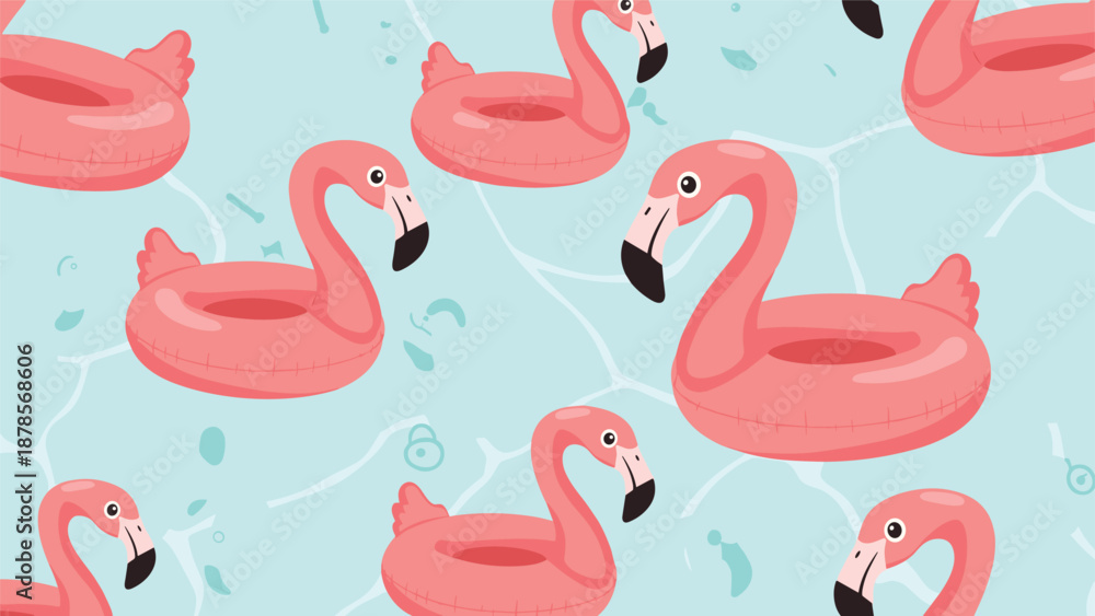 Obraz premium Playful seamless pattern of pink flamingo pool floats drifting in clear blue water for summer vacation and leisure related designs.
