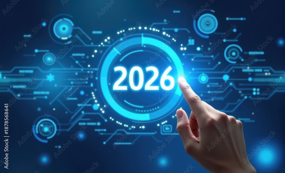 Obraz premium Human pressing high tech type of modern button 2026 year on a virtual background.
