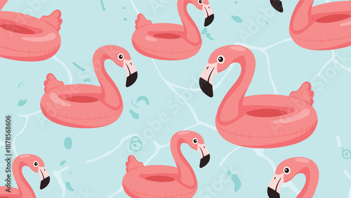 Playful seamless pattern of pink flamingo pool floats drifting in clear blue water for summer vacation and leisure related designs.