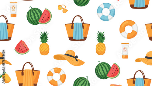 Tropical summer pattern with watermelons, pineapples, beach bags, straw hats, and pool floats for seasonal vacation and holiday themes.