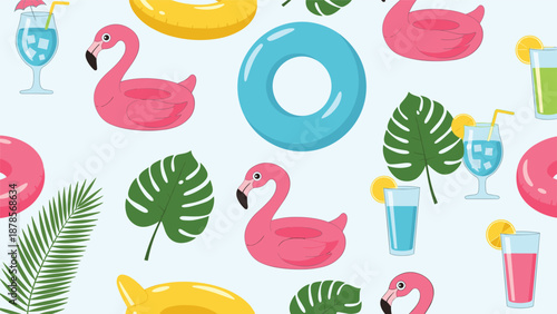 Summer pool party pattern featuring pink flamingo floats, tropical cocktails with citrus slices, and green palm leaves on light blue.