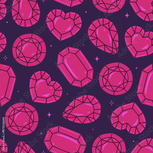 Seamless pattern with pink gemstones of various shapes. Vector graphics.