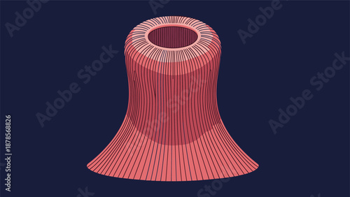 Single pink sea anemone illustration with fine vertical lines and a hollow center set against a dark blue underwater background.