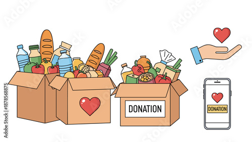 Donation boxes filled with fresh bread, water bottles, and vegetables with a mobile app icon and hand holding a heart for charity.