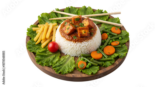 A gourmet plate of fresh grilled chicken with healthy vegetables, lettuce, and tomatoes makes a delicious meal or lunch dish