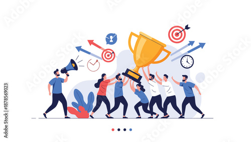 Successful business team illustration showing diverse people working together to lift a giant golden trophy towards their goals.