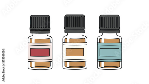 Three small amber glass bottles of essential oils with black caps and colored labels for aromatherapy or pharmaceutical products.