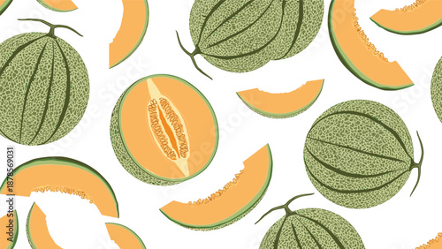 Delicious cantaloupe melon pattern showing whole fruits with textured skins and orange slices with seeds on a white background.