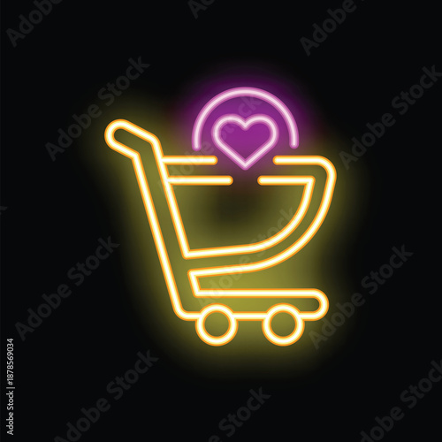 Neon shopping cart icon glowing on a dark background, with a pink heart floating above it