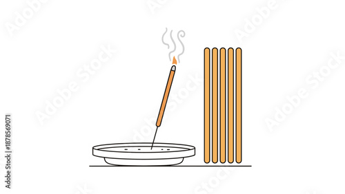Burning incense stick placed on a small plate with several extra sticks standing nearby, creating a calm and meditative atmosphere.
