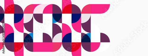 Abstract geometric pattern. Circles overlap creating text like form. Pink, purple, red hues dominate white background. Modern design.