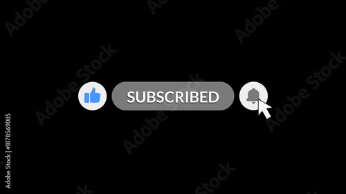 Subscribe, like and notification button animation with cursor mouse click. Simple flat 2d icon with transparent background.