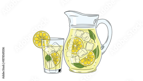 Refreshing pitcher and a glass of homemade lemonade filled with ice cubes, lemon slices, and fresh green mint leaves on white.