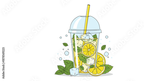 Takeaway plastic cup of cold lemonade with a dome lid and yellow straw, garnished with ice, lemon slices, and mint over white.