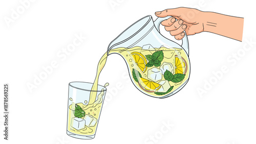 Action shot of a hand pouring fresh lemonade from a glass pitcher into a glass filled with ice, mint, and lemon slices on white.