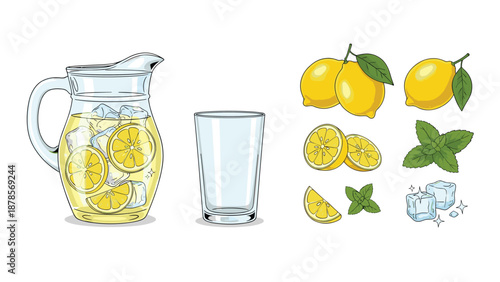 Complete set of lemonade ingredients including a full pitcher, empty glass, whole lemons, slices, mint leaves, and ice cubes.