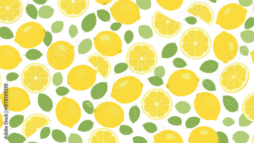 Fresh fruit pattern consisting of whole bright yellow lemons and circular slices with green leaves on a clean white background.
