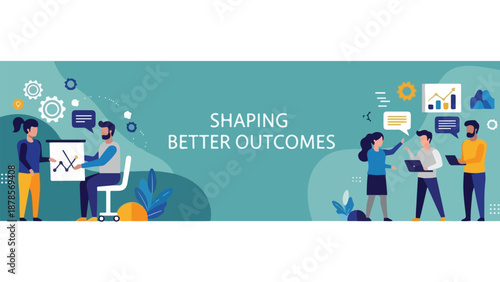Wallpaper Mural Diverse Business Team Collaboration Analyzing Data with 'Shaping Better Outcomes' Text Vector Illustration Torontodigital.ca