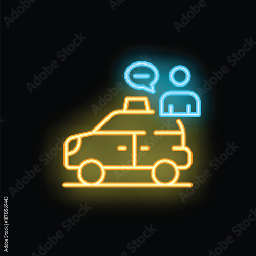 Neon icon of a person calling a taxi cab for transportation service