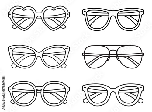 Eyewear sun protection sunglass icon set collection in linear stroke flat style. Glasses vector illustration on isolated background. Eyeglass sign business concept.