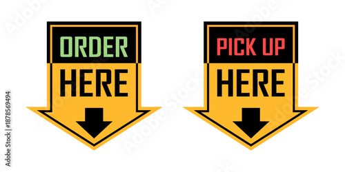 Order here and pick up here icon in flat style. Restaurant poster vector illustration on isolated background. Signboard sign business concept.