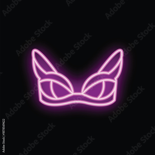 Pink neon sign depicting a woman's bra on a black background is glowing