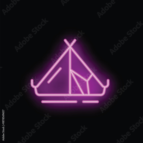 Camping tent glowing with purple neon light on black background