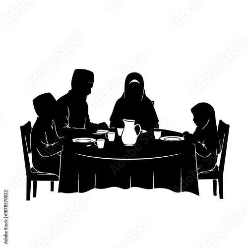 Silhouette of a family at dining table enjoying their meal together. The illustration creates a sense of togetherness and shared moments