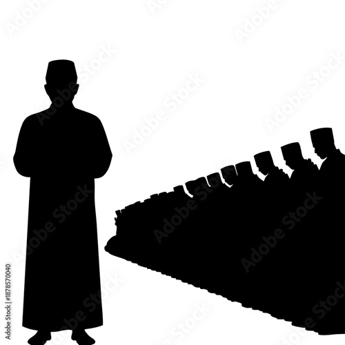 A silhouette of a leader standing in front of a group of people in traditional attire