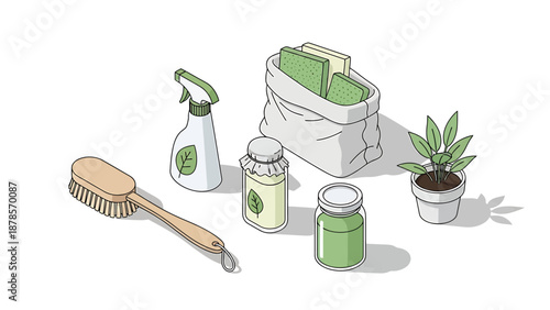 Eco friendly cleaning supplies and plant illustration.
