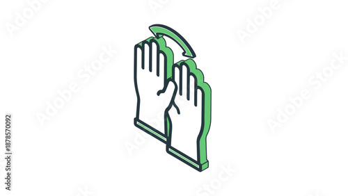 Illustration of two hands wearing gloves with a circular arrow.