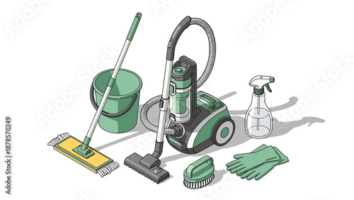 Collection of Household Cleaning Supplies and Equipment.